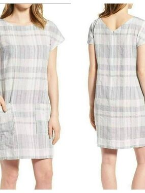 Eileen Fisher Organic Linen Cotton Plaid V-Back Dress Small